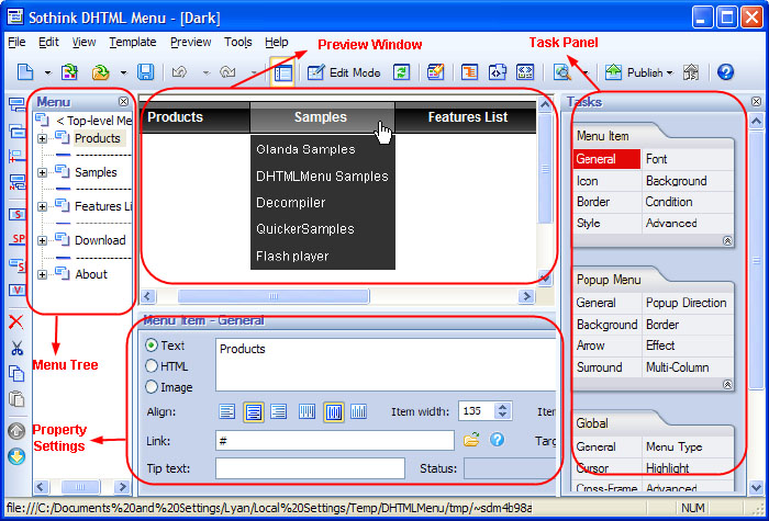 Drop down menu, DHTML menu, web menu, 